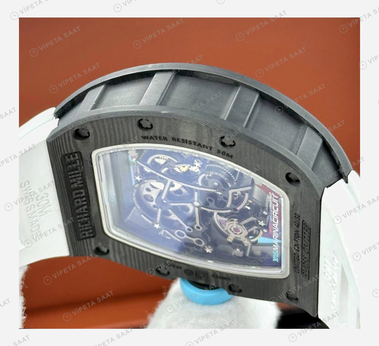 Richard Mille RM 055 Yas Marina Karbon Mavi Çerçeve Marin Skeleton Beyaz Kordon Super Clone ETA Eta Saat detay 3