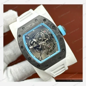 Richard Mille RM 055 Yas Marina Karbon Mavi Çerçeve Marin Skeleton Beyaz Kordon Super Clone ETA Eta Saat detay 5