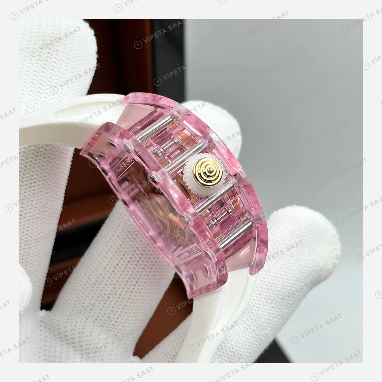 Richard Mille RM 07-02 Automatic Pembe Safir Elmas Skeleton Kauçuk Super Clone ETA Eta Saat detay 5