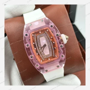 Richard Mille RM 07-02 Automatic Pembe Safir Elmas Skeleton Kauçuk Super Clone ETA Eta Saat detay 6