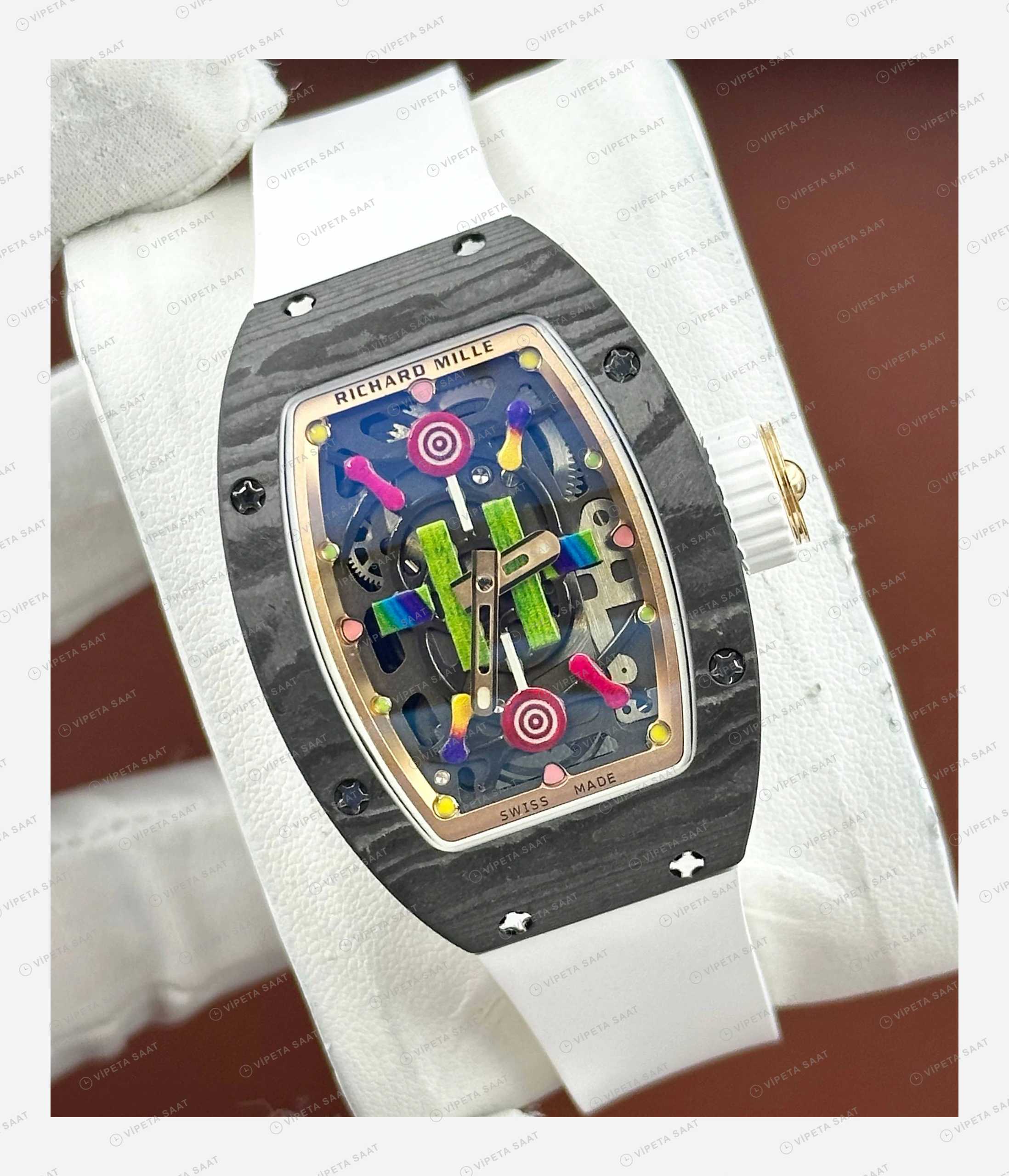 Richard Mille RM 07-03 Bonbon Renkli Siyah Kasa Beyaz Kauçuk Super Clone ETA Eta Saat detay 6