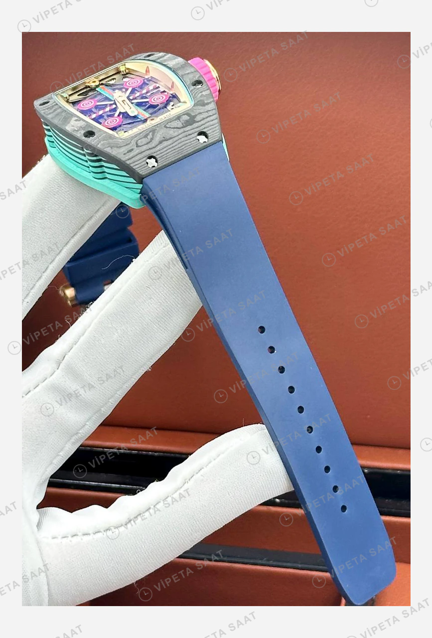 Richard Mille RM 07-03 Bonbon Renkli Siyah Kasa Mavi Kauçuk Super Clone ETA Eta Saat detay 3