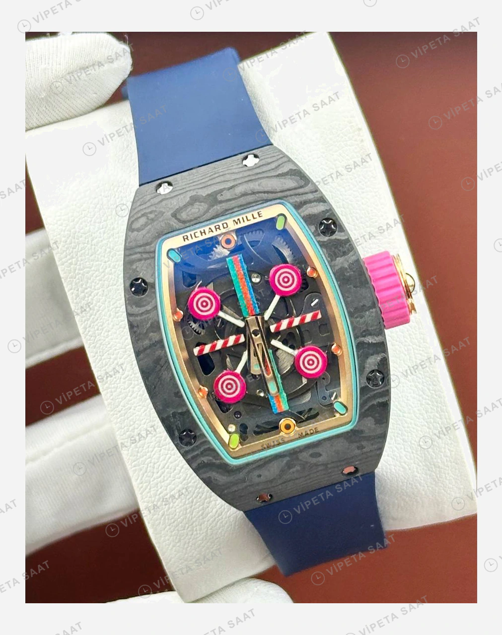 Richard Mille RM 07-03 Bonbon Renkli Siyah Kasa Mavi Kauçuk Super Clone ETA Eta Saat detay 6