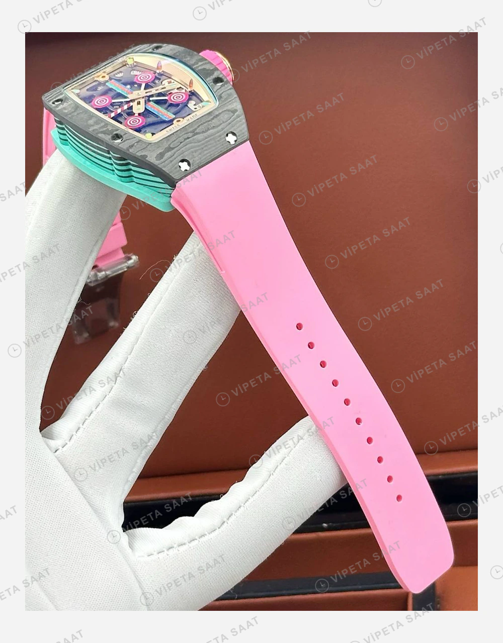 Richard Mille RM 07-03 Bonbon Renkli Siyah Kasa Pembe Kauçuk Super Clone ETA Eta Saat detay 3