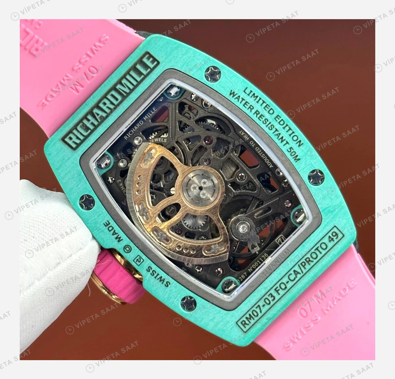 Richard Mille RM 07-03 Bonbon Renkli Siyah Kasa Pembe Kauçuk Super Clone ETA Eta Saat detay 5