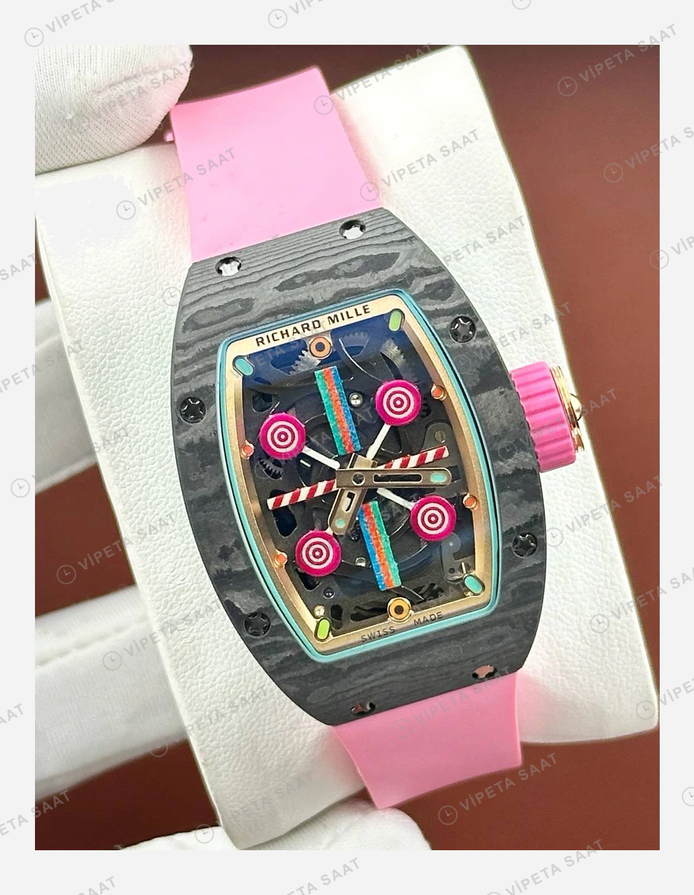 Richard Mille RM 07-03 Bonbon Renkli Siyah Kasa Pembe Kauçuk Super Clone ETA Eta Saat detay 6