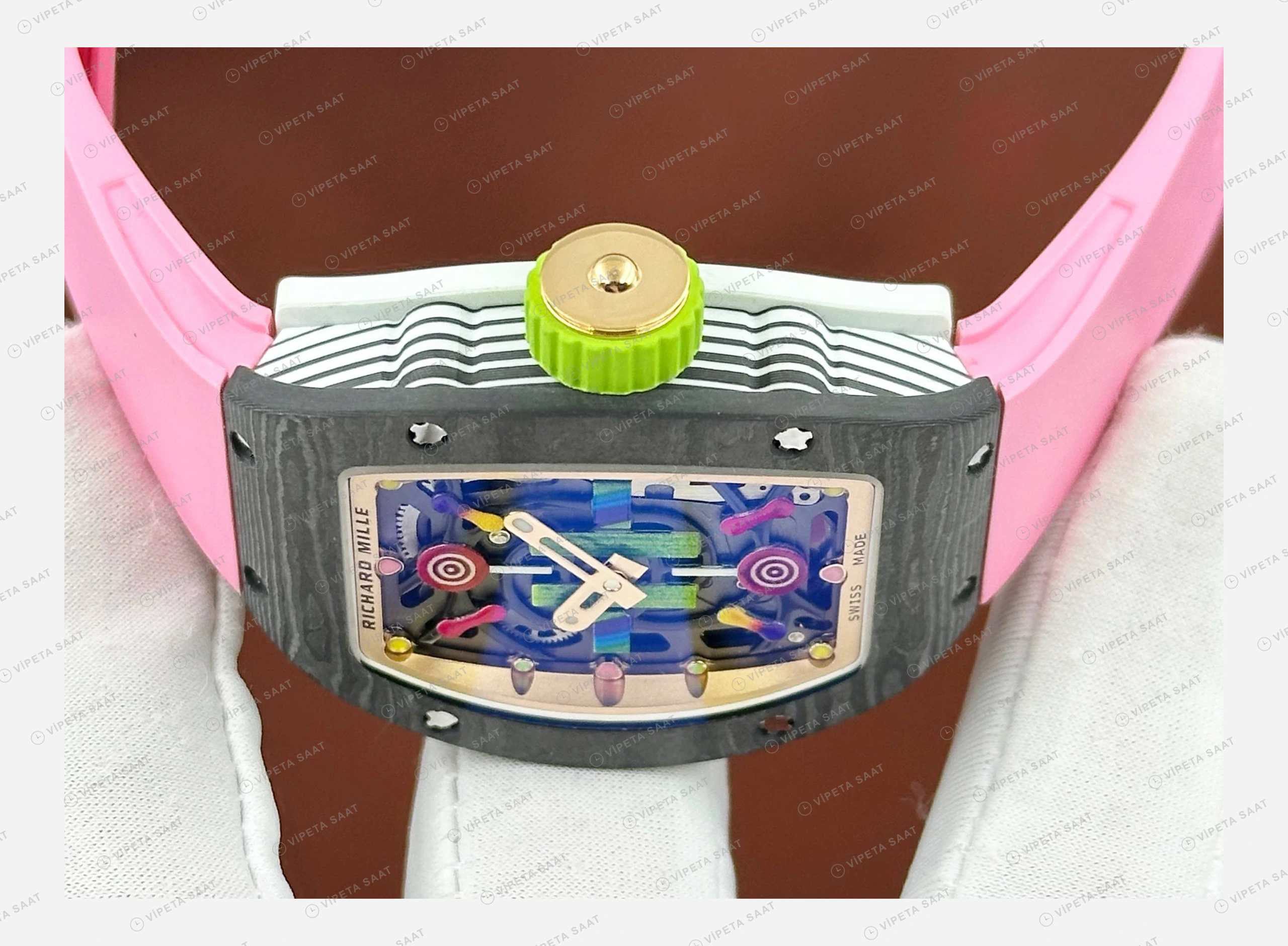 Richard Mille RM 07-03 Bonbon Renkli Siyah Kasa Pembe Yeşil Taç Kauçuk Super Clone ETA Eta Saat detay 3