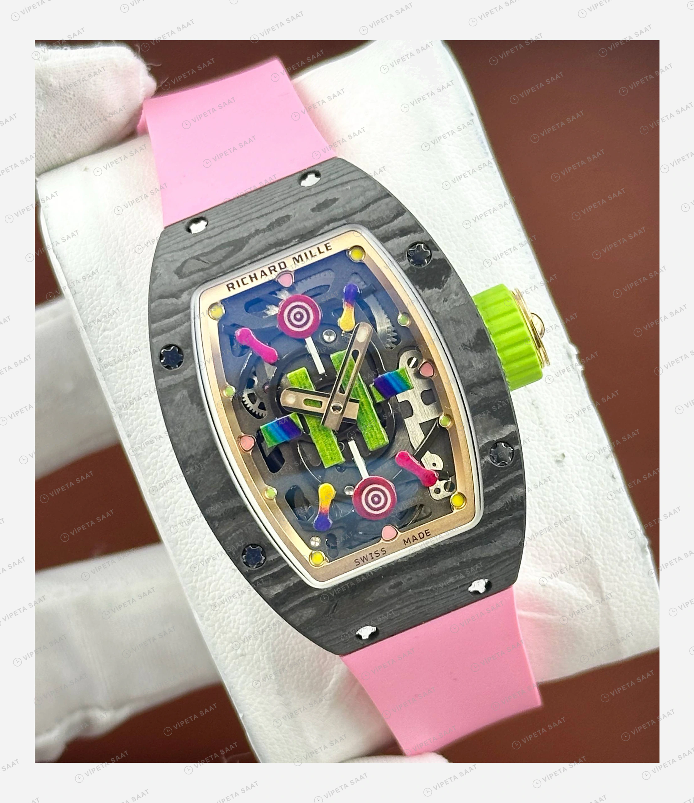 Richard Mille RM 07-03 Bonbon Renkli Siyah Kasa Pembe Yeşil Taç Kauçuk Super Clone ETA Eta Saat detay 6