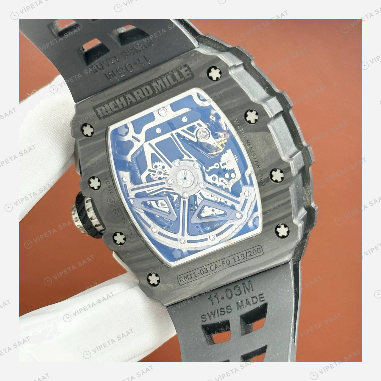 Richard Mille RM 11-03 Otomatik Flyback Kronograf Siyah Karbon Skeleton Kauçuk Super Clone ETA Eta Saat detay 3