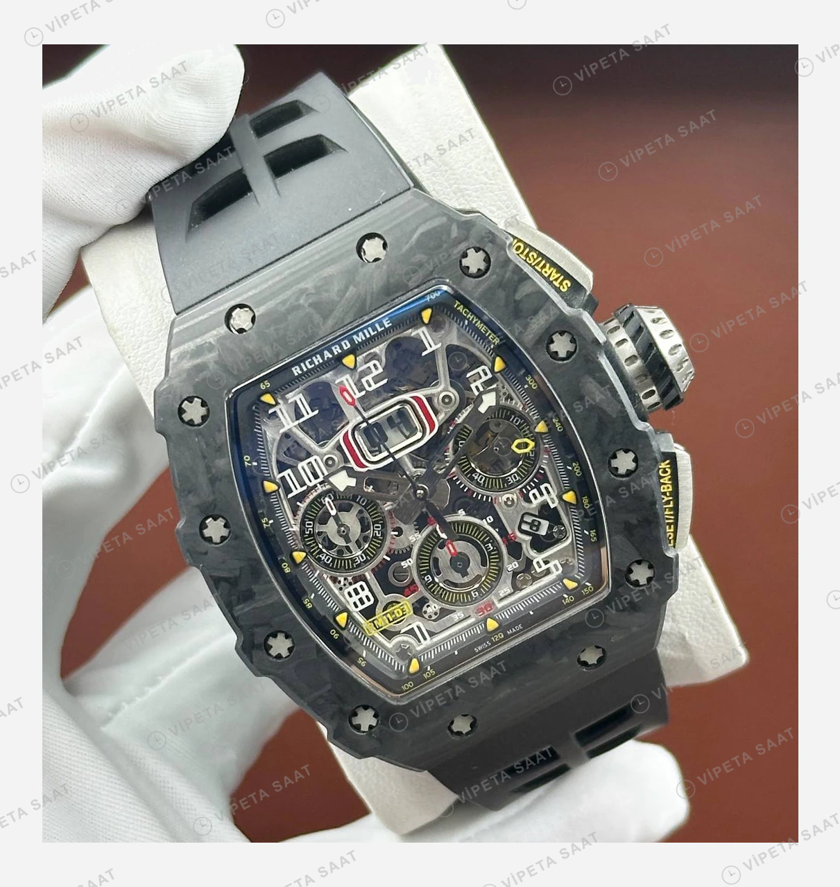 Richard Mille RM 11-03 Otomatik Flyback Kronograf Siyah Karbon Skeleton Kauçuk Super Clone ETA Eta Saat detay 6