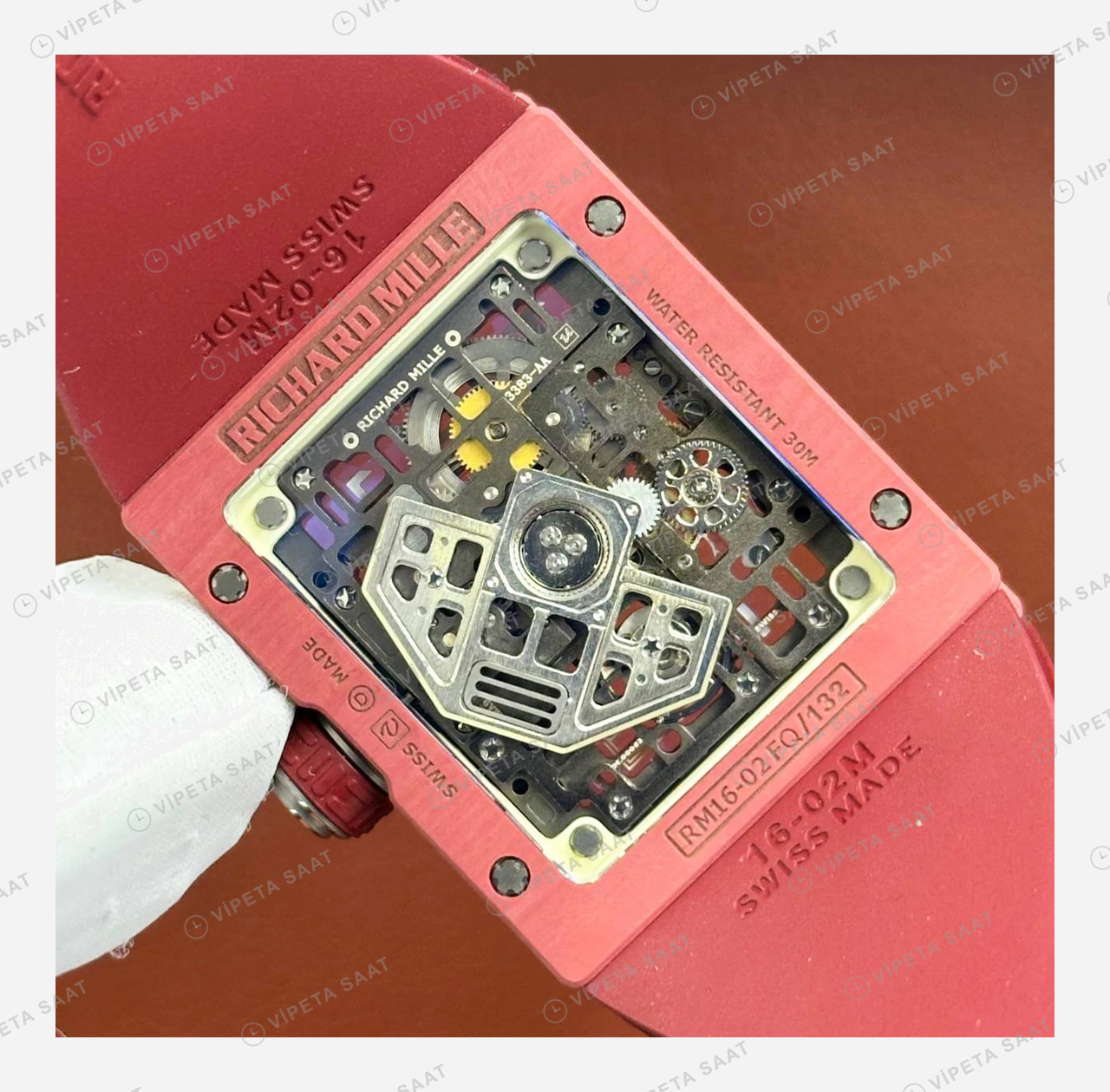 Richard Mille RM 16-02 Otomatik Ekstra Düz Kırmızı Kasa Rakamlı Skeleton Kauçuk Super Clone ETA Eta Saat detay 3