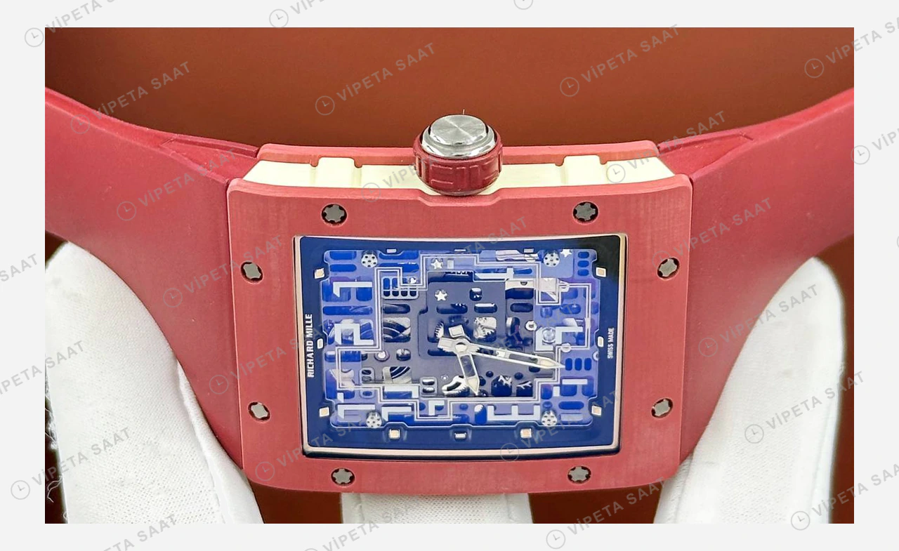Richard Mille RM 16-02 Otomatik Ekstra Düz Kırmızı Kasa Rakamlı Skeleton Kauçuk Super Clone ETA Eta Saat detay 6