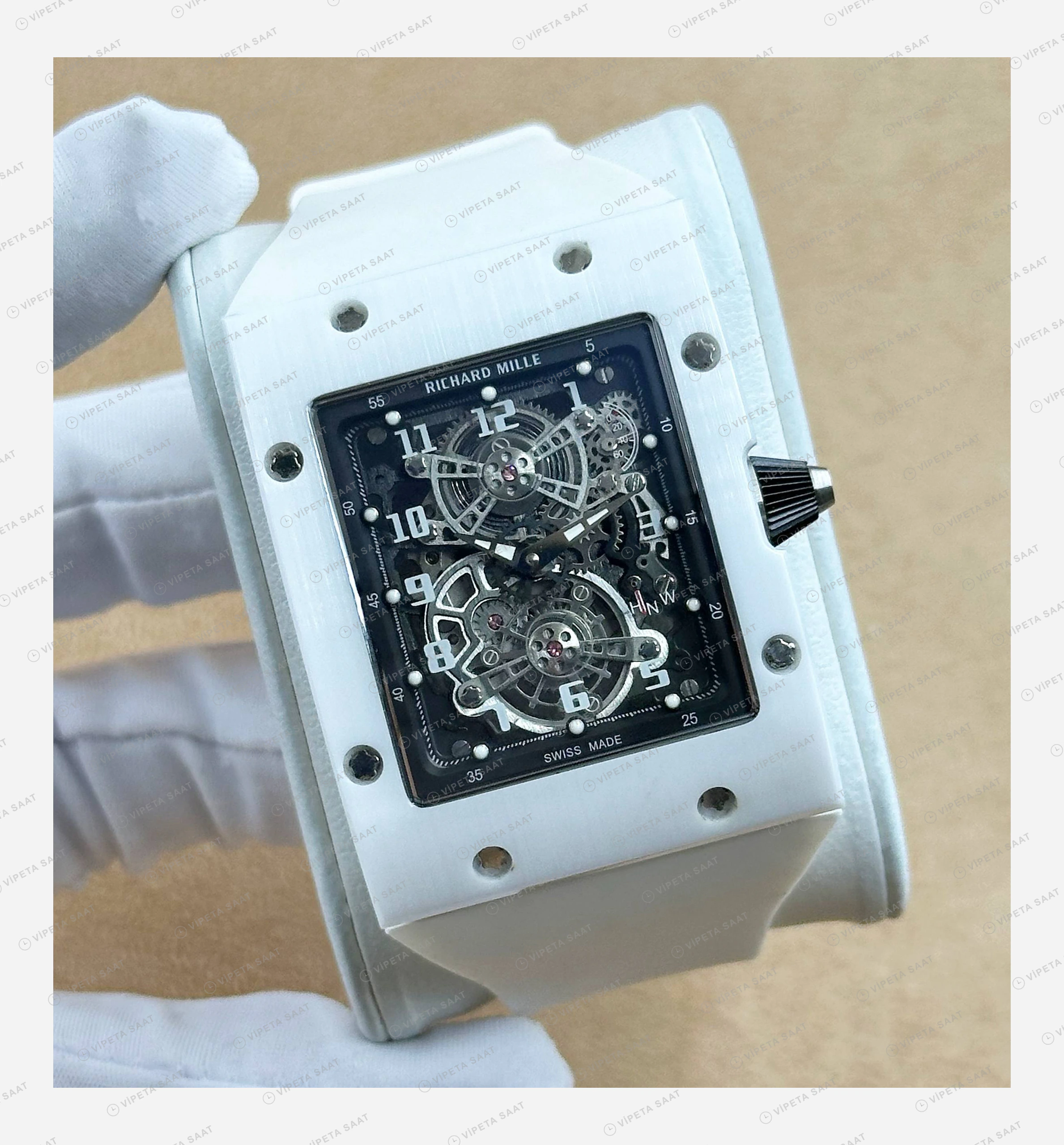 Richard Mille RM 17-01 Tourbillon Ekstra Düz Beyaz Kasa Rakamlı Kauçuk Super Clone ETA Eta Saat detay 5