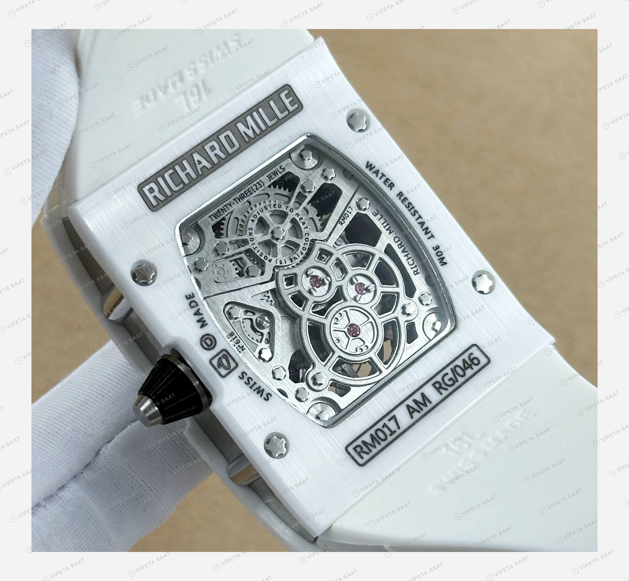 Richard Mille RM 17-01 Tourbillon Ekstra Düz Beyaz Kasa Rakamlı Kauçuk Super Clone ETA Eta Saat detay 6