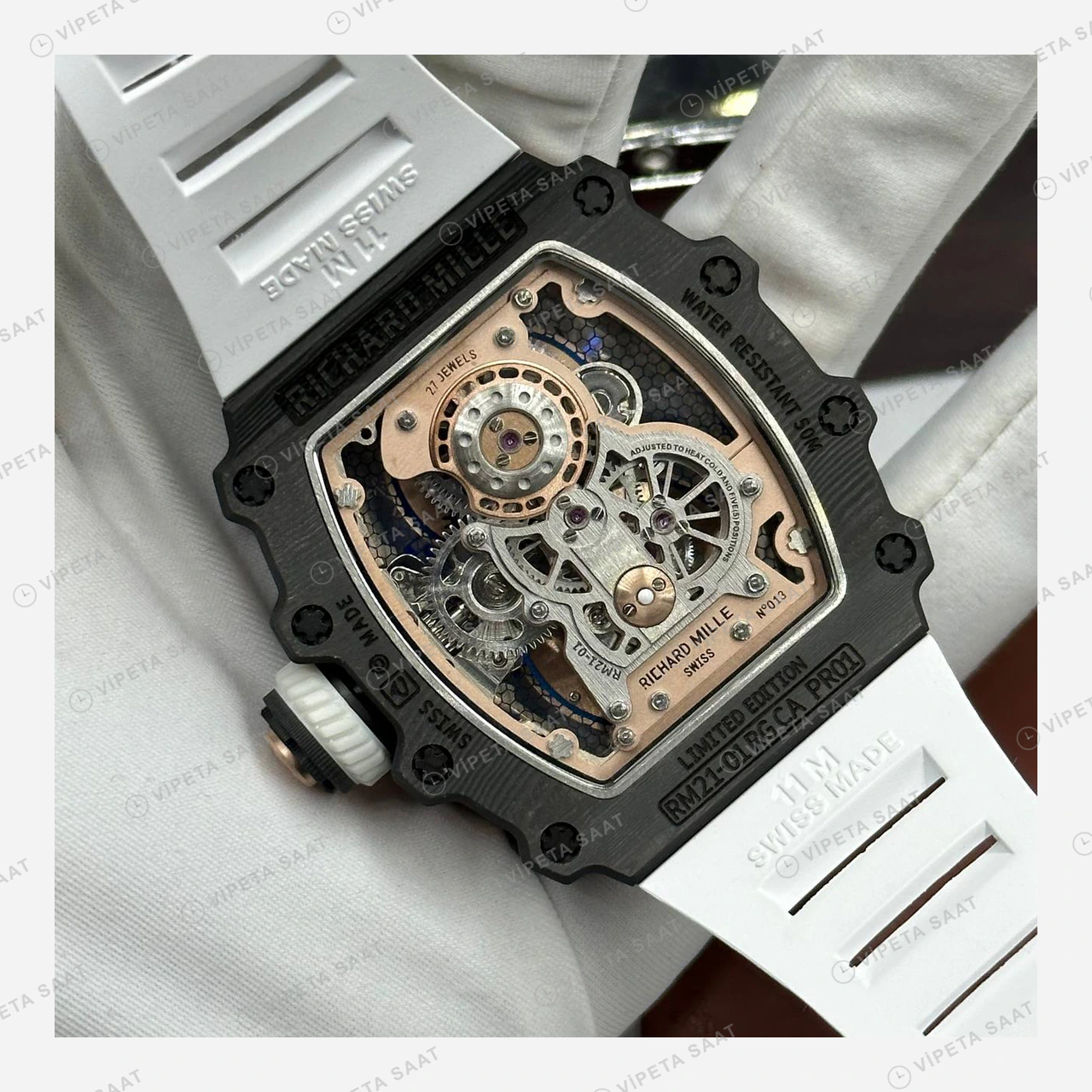 Richard Mille RM 21-01 Tourbillon Rose Altın Rakamlı Beyaz Kauçuk Super Clone ETA Eta Saat detay 3