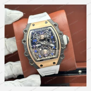 Richard Mille RM 21-01 Tourbillon Rose Altın Rakamlı Beyaz Kauçuk Super Clone ETA Eta Saat detay 7