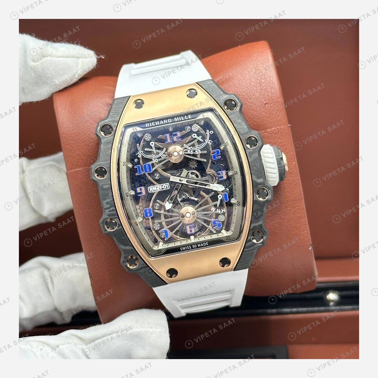 Richard Mille RM 21-01 Tourbillon Rose Altın Rakamlı Beyaz Kauçuk Super Clone ETA Eta Saat detay 7