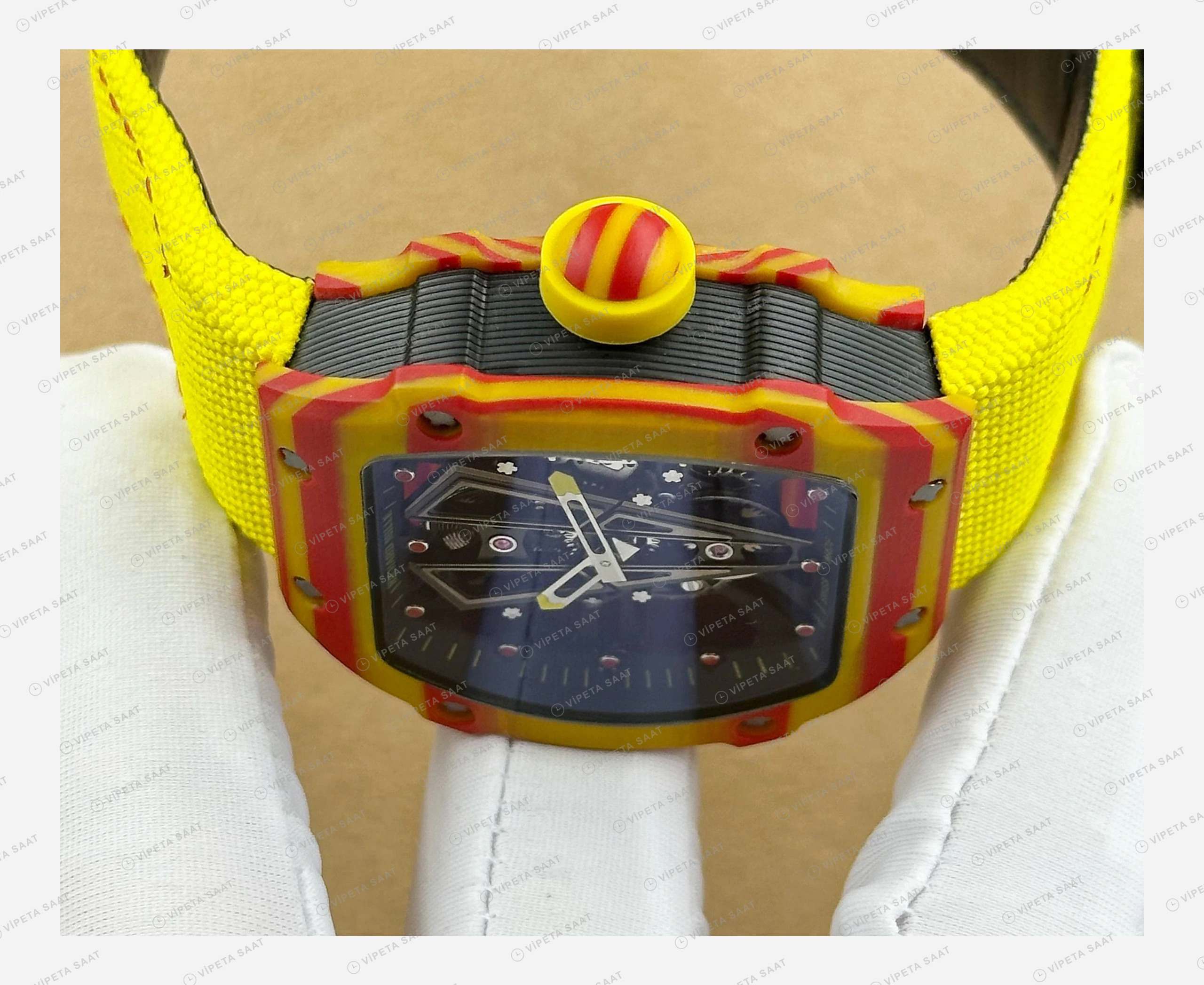 Richard Mille RM 27-03 Tourbillon Rafael Nadal Sarı Kırmızı Kasa Sarı Kumaş Kordon Super Clone ETA Eta Saat detay 3
