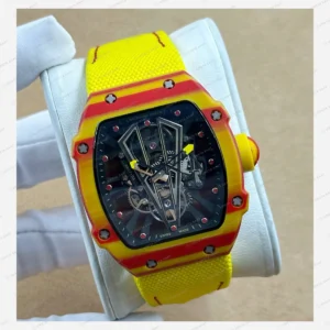 Richard Mille RM 27-03 Tourbillon Rafael Nadal Sarı Kırmızı Kasa Sarı Kumaş Kordon Super Clone ETA Eta Saat detay 6
