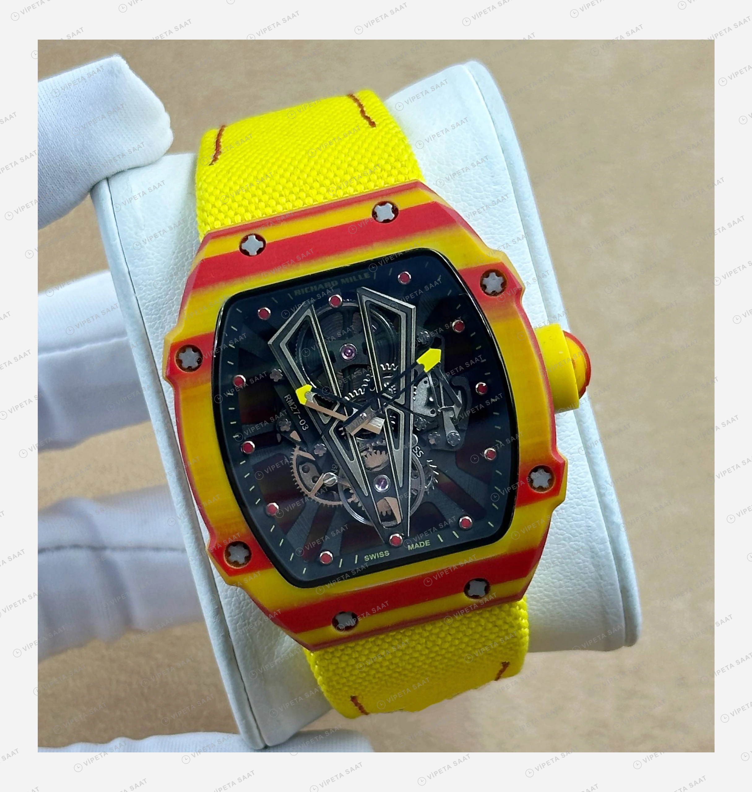 Richard Mille RM 27-03 Tourbillon Rafael Nadal Sarı Kırmızı Kasa Sarı Kumaş Kordon Super Clone ETA Eta Saat detay 6