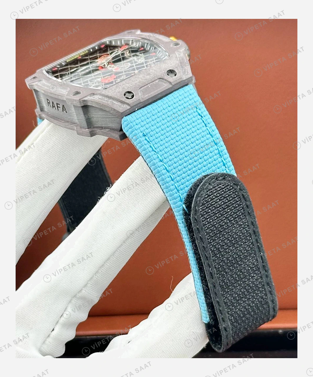 Richard Mille RM 27-04 Rafael Nadal Grid Tourbillon Kırmızı Detay Mavi Kauçuk Super Clone ETA Eta Saat detay 4