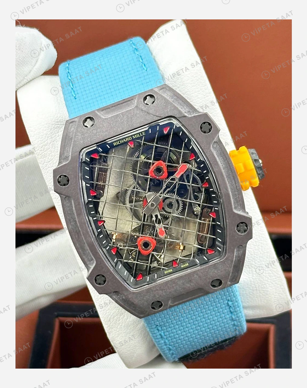 Richard Mille RM 27-04 Rafael Nadal Grid Tourbillon Kırmızı Detay Mavi Kauçuk Super Clone ETA Eta Saat detay 6