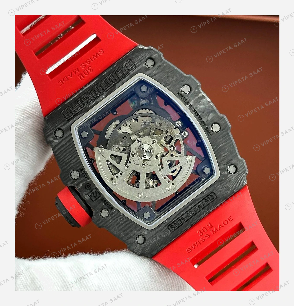 Richard Mille RM 35-02 Rafael Nadal Karbon Kasa Kırmızı Kauçuk Super Clone ETA Eta Saat detay 5