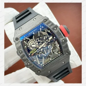 Richard Mille RM 35-02 Rafael Nadal Siyah Karbon Kırmızı Detay Beyaz Kordon Super Clone ETA Eta Saat detay 6