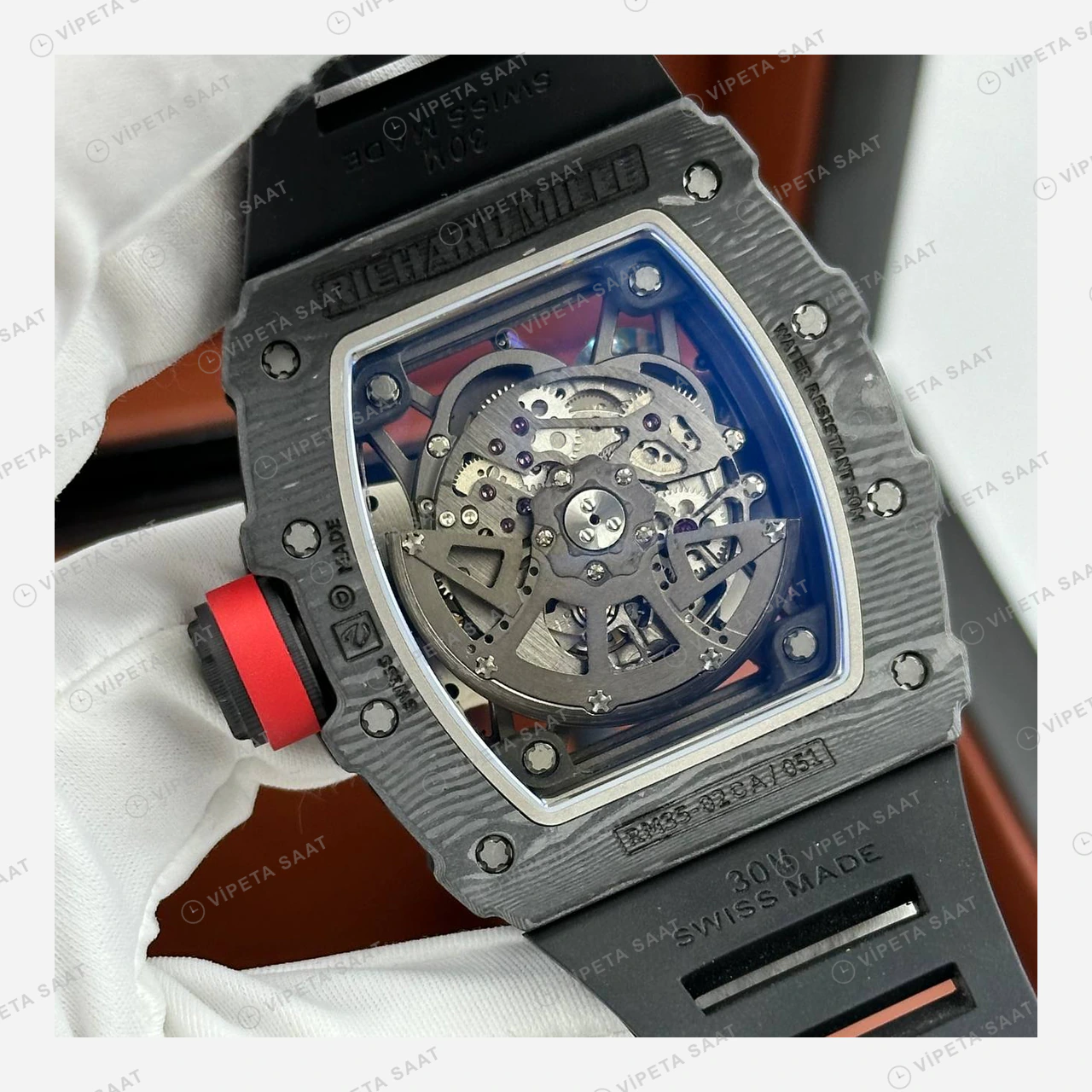 Richard Mille RM 35-02 Rafael Nadal Siyah Karbon Kırmızı Detay Kauçuk Super Clone ETA Eta Saat detay 6