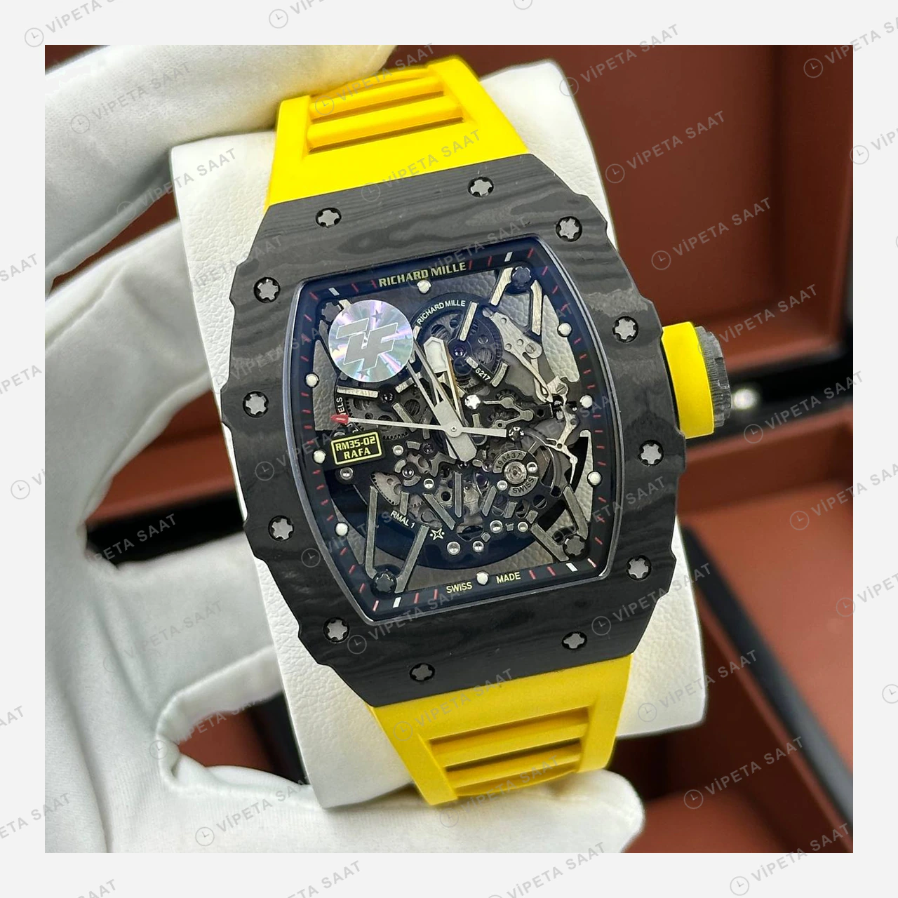 Richard Mille RM 35-02 Rafael Nadal Siyah Karbon Sarı Kauçuk Super Clone ETA Eta Saat detay 5