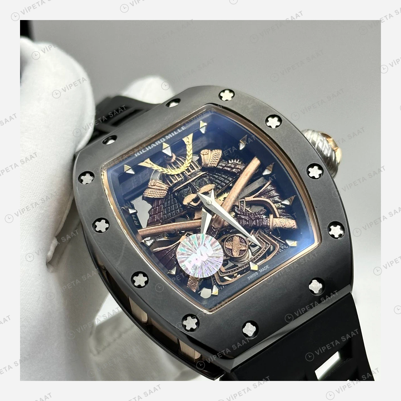 Richard Mille RM 47 Samuray Tourbillon Siyah Kasa Kauçuk Super Clone ETA Eta Saat detay 6