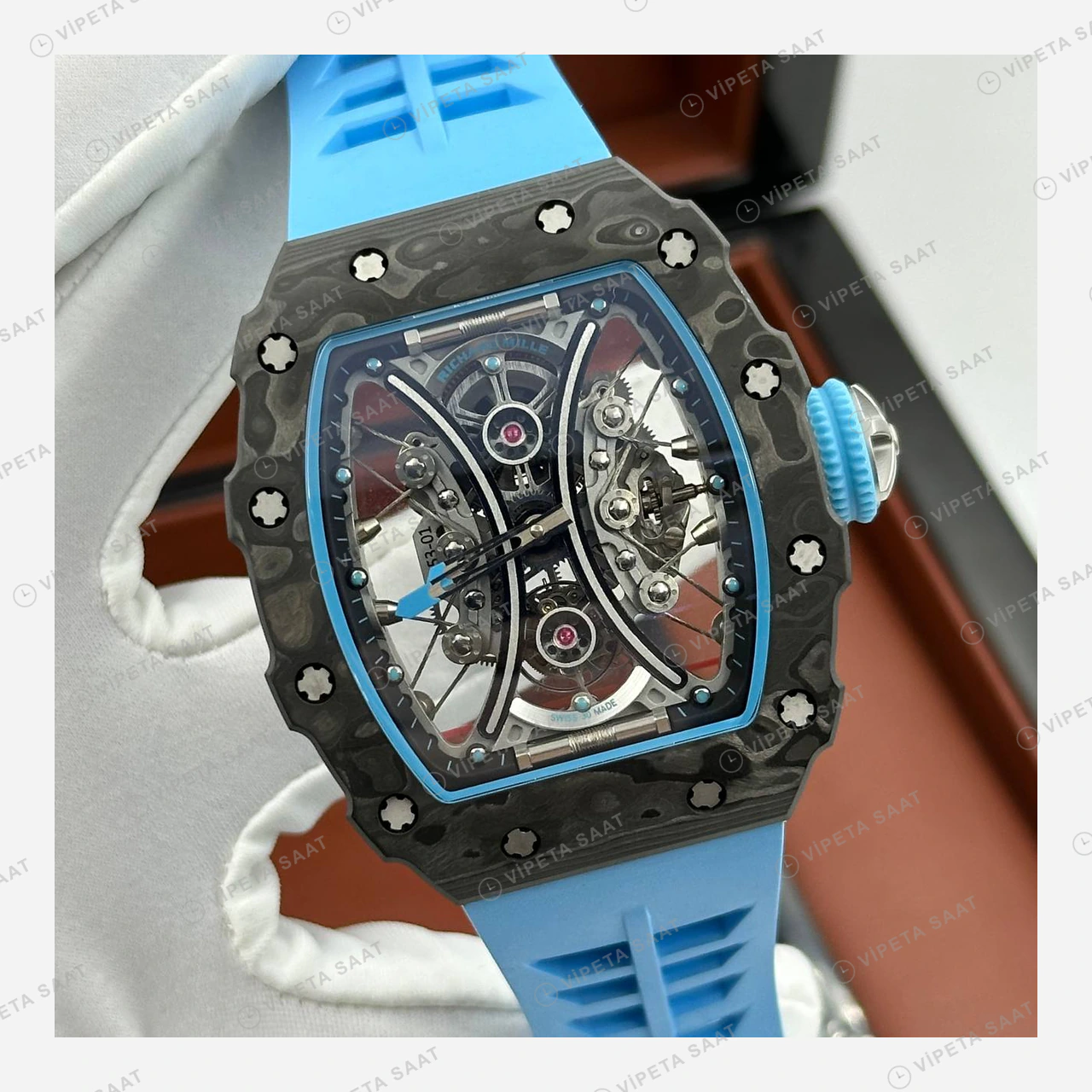 Richard Mille RM 53-01 Tourbillon Pablo Mac Donough Siyah Kasa Mavi Kauçuk Super Clone ETA Eta Saat detay 5