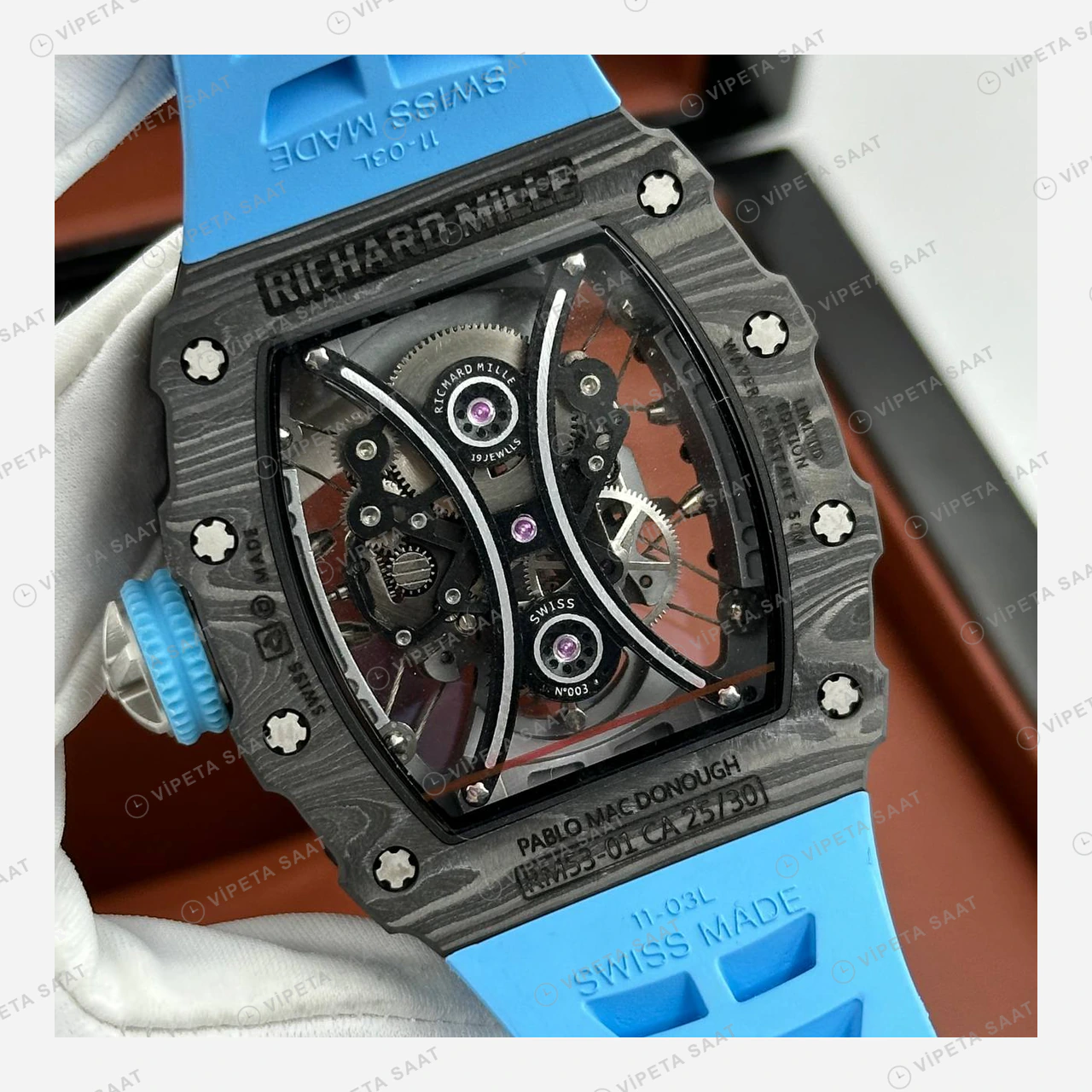 Richard Mille RM 53-01 Tourbillon Pablo Mac Donough Siyah Kasa Mavi Kauçuk Super Clone ETA Eta Saat detay 6