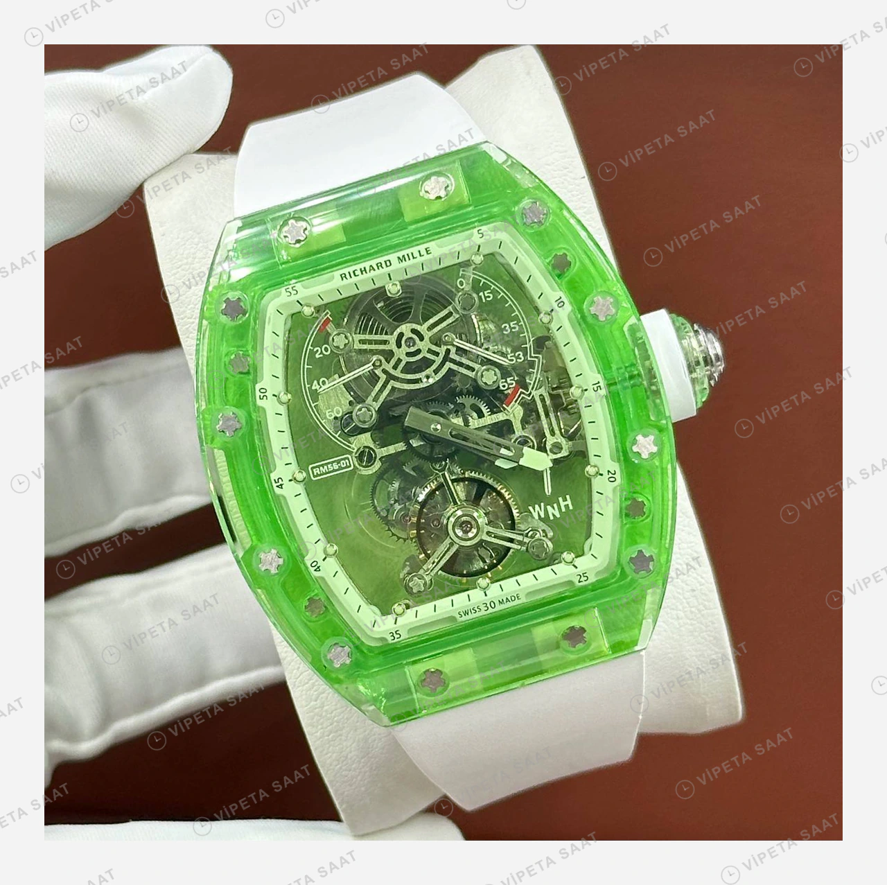 Richard Mille RM 56-01 Tourbillon Yeşil Şeffaf Safir Kasa Kordon Super Clone ETA Eta Saat detay 4