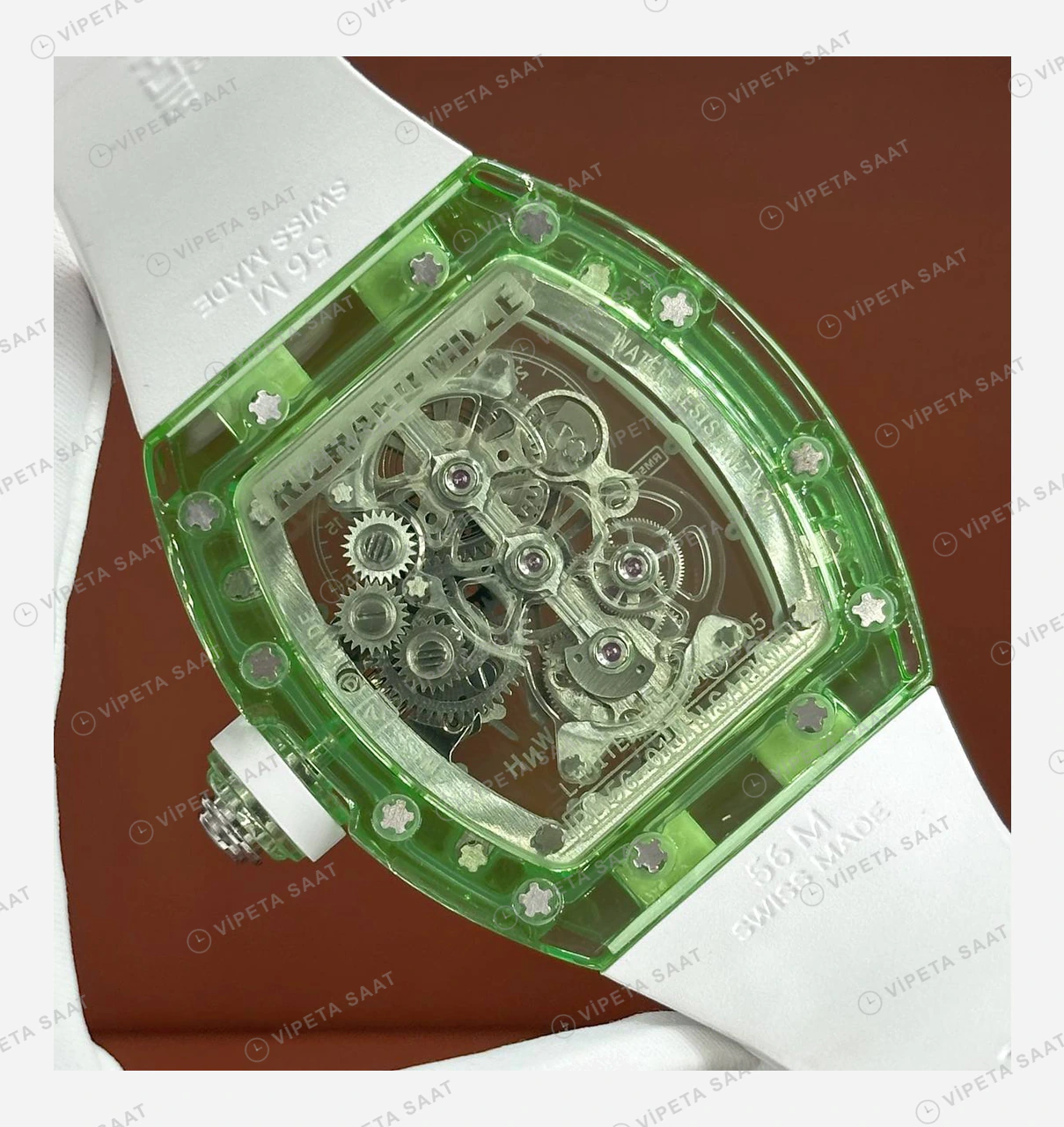 Richard Mille RM 56-01 Tourbillon Yeşil Şeffaf Safir Kasa Kordon Super Clone ETA Eta Saat detay 5