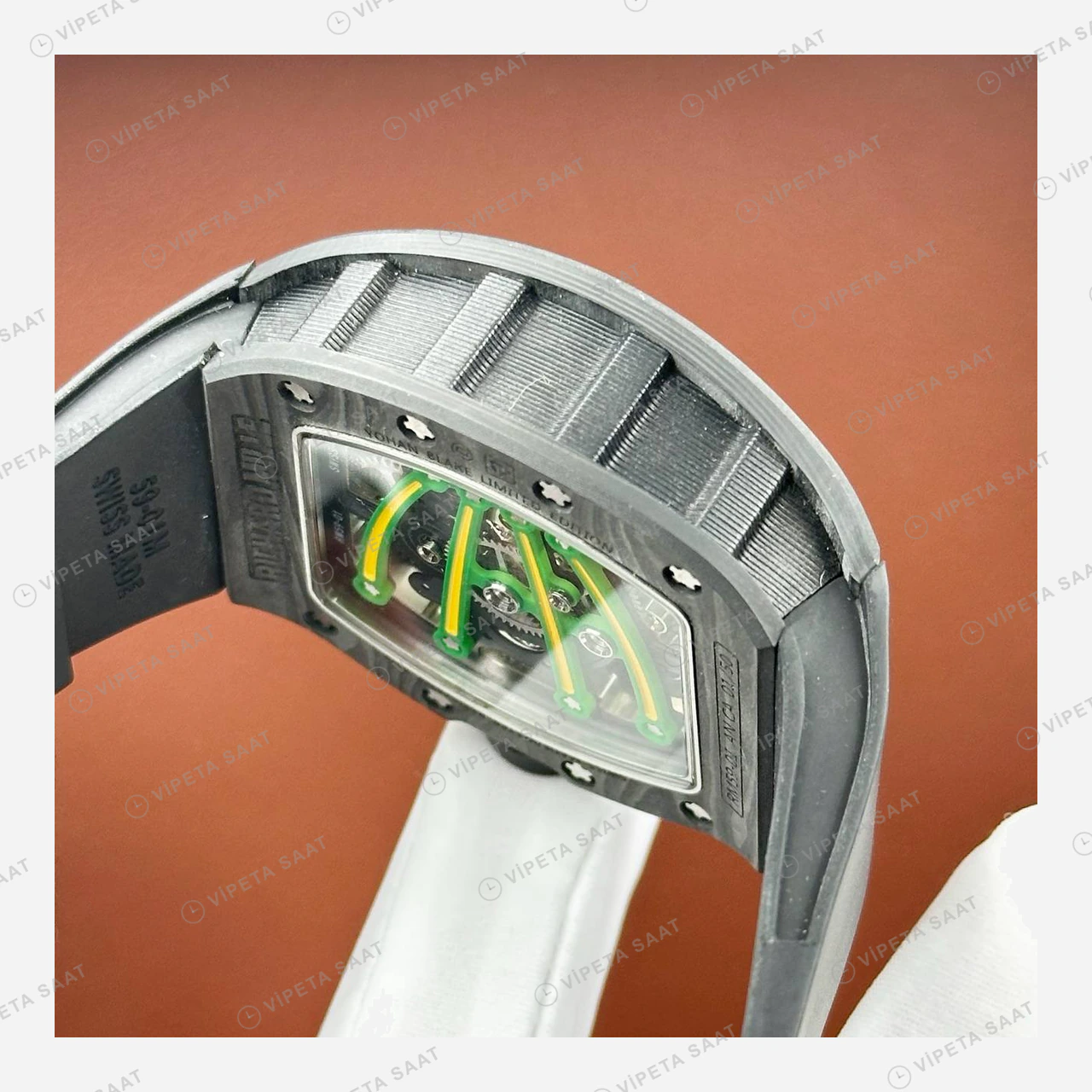 Richard Mille RM 59-01 Yohan Blake Tourbillon Yeşil Sarı Kasa Beyaz Kauçuk Super Clone ETA Eta Saat detay 3