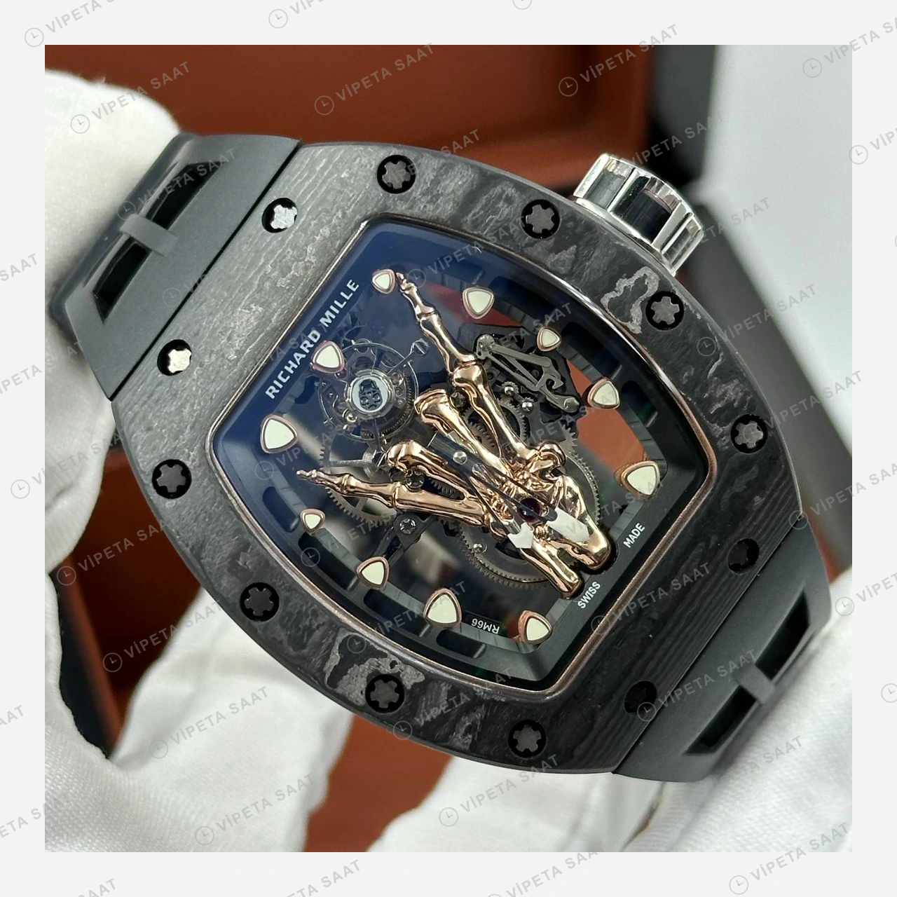 Richard Mille RM 66 Flying Tourbillon Rock Altın El Siyah Kasa Kauçuk Super Clone ETA Eta Saat detay 3