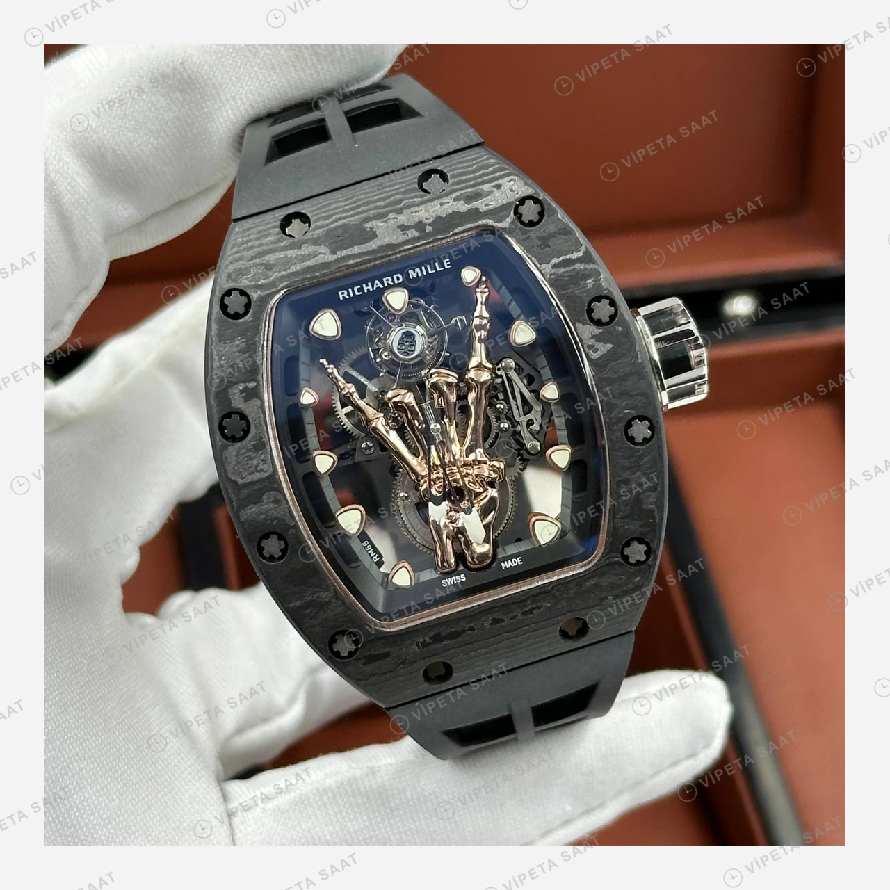Richard Mille RM 66 Flying Tourbillon Rock Altın El Siyah Kasa Kauçuk Super Clone ETA Eta Saat detay 5