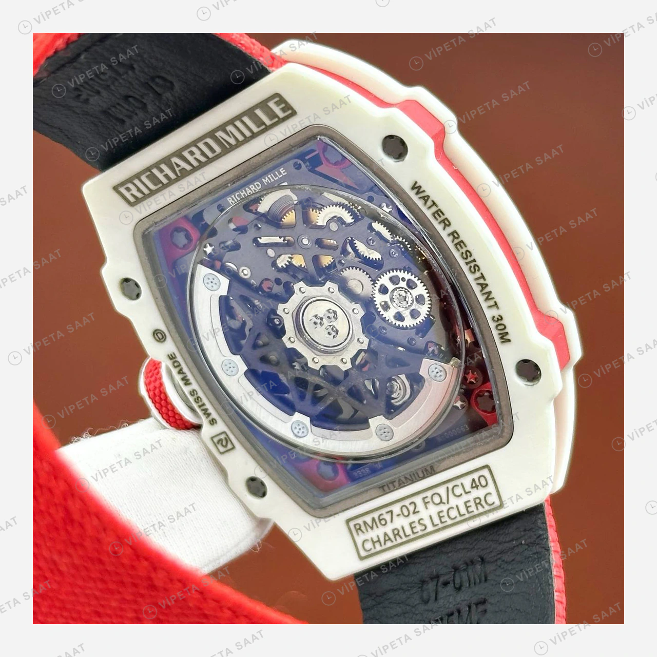 Richard Mille RM 67-02 Extra Flat Charles Leclerc Monako Beyaz Kasa Kırmızı Kumaş Kordon Super Clone ETA Eta Saat detay 4