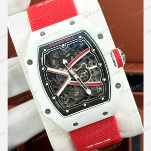 Richard Mille RM 67-02 Extra Flat Charles Leclerc Monako Beyaz Kasa Kırmızı Kumaş Kordon Super Clone ETA Eta Saat detay 6