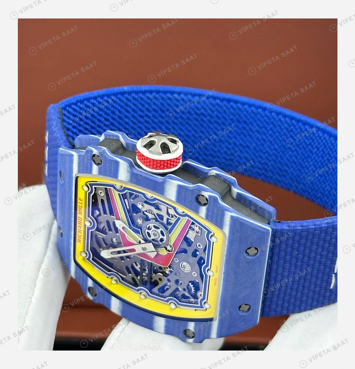 Richard Mille RM 67-02 Extra Flat Fernando Alonso Mavi Kasa Sarı Kırmızı Kadran Kumaş Kordon Super Clone ETA Eta Saat detay 3