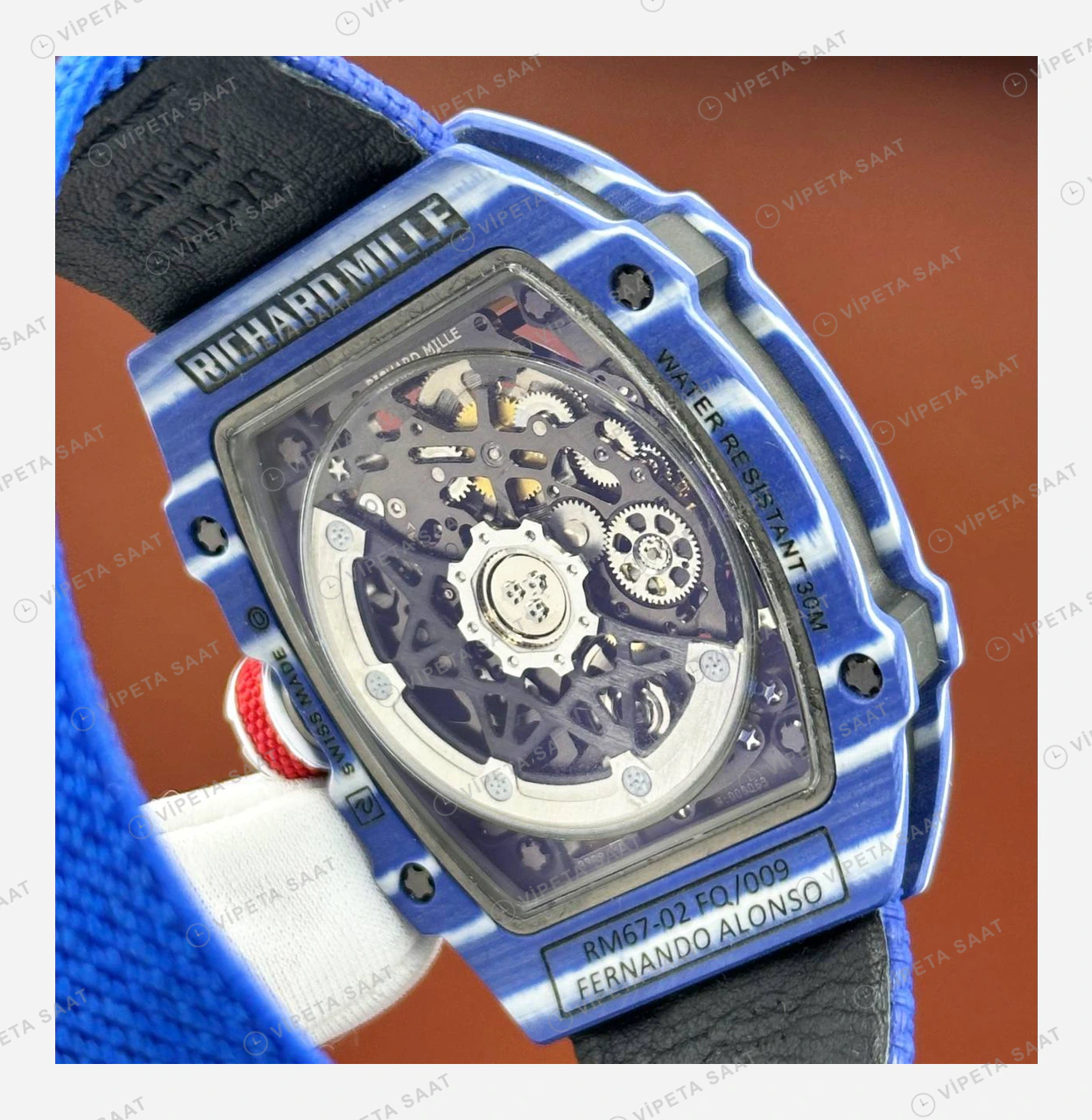 Richard Mille RM 67-02 Extra Flat Fernando Alonso Mavi Kasa Sarı Kırmızı Kadran Kumaş Kordon Super Clone ETA Eta Saat detay 4