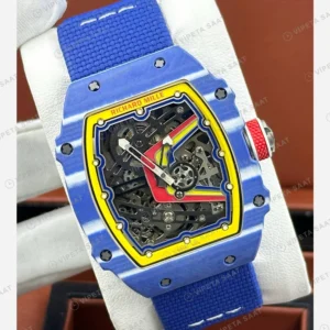 Richard Mille RM 67-02 Extra Flat Fernando Alonso Mavi Kasa Sarı Kırmızı Kadran Kumaş Kordon Super Clone ETA Eta Saat detay 5