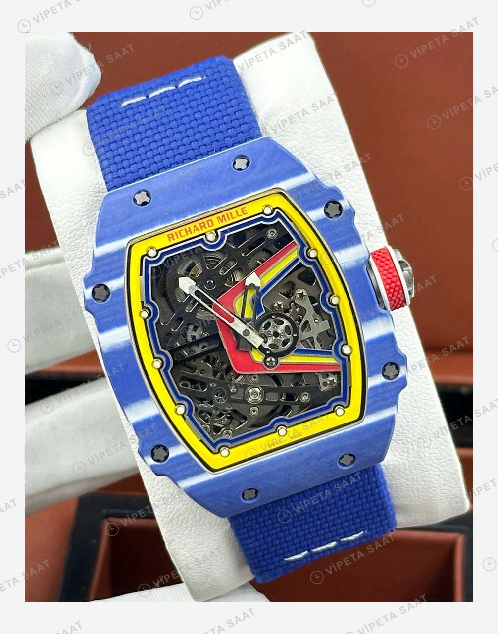 Richard Mille RM 67-02 Extra Flat Fernando Alonso Mavi Kasa Sarı Kırmızı Kadran Kumaş Kordon Super Clone ETA Eta Saat detay 5