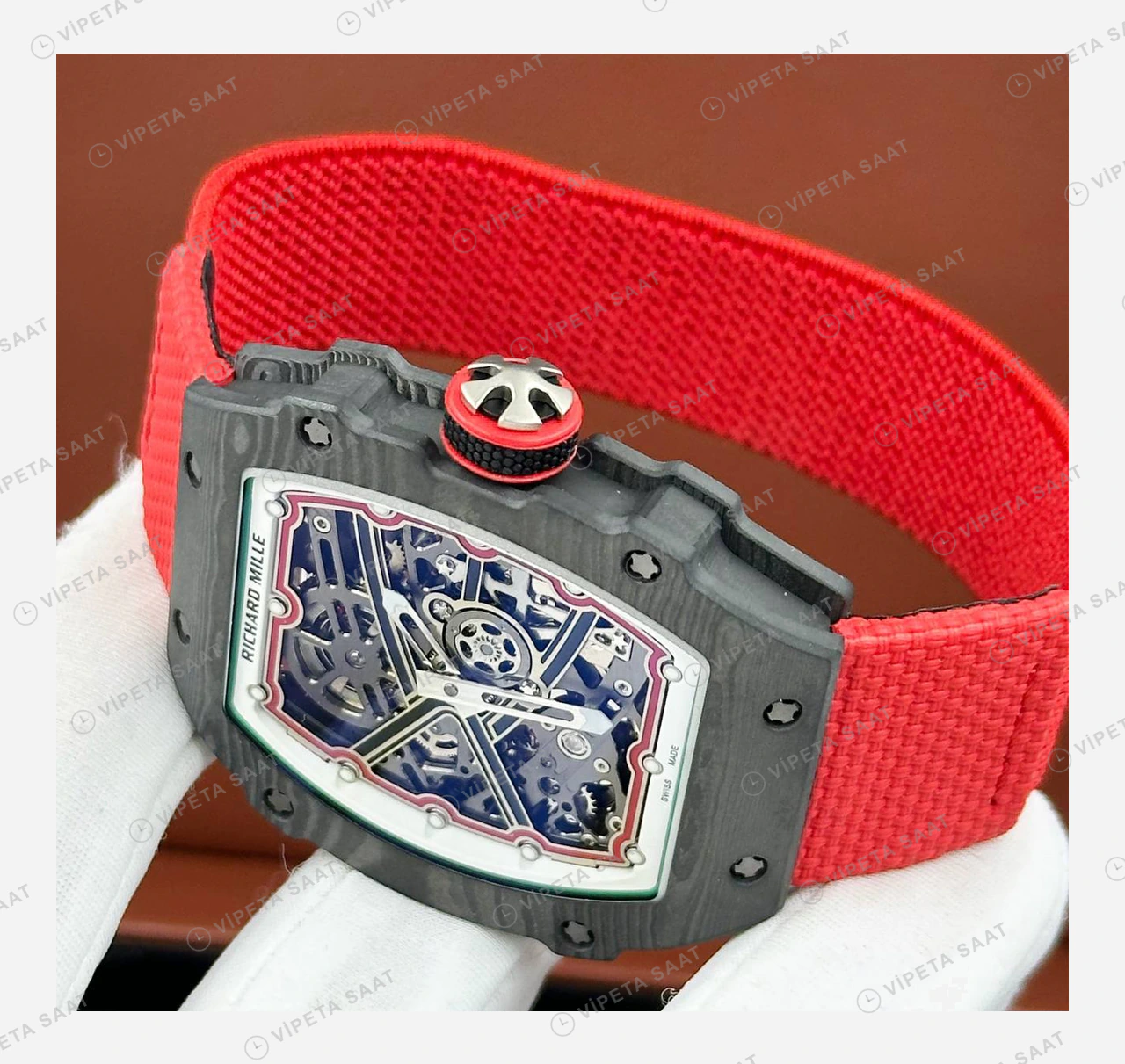 Richard Mille RM 67-02 Extra Flat Italy İtalya Siyah Karbon Yeşil Kırmızı Kumaş Kordon Super Clone ETA Eta Saat detay 3
