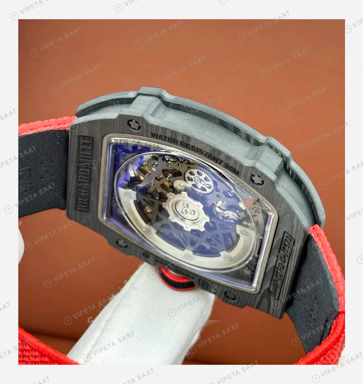Richard Mille RM 67-02 Extra Flat Italy İtalya Siyah Karbon Yeşil Kırmızı Kumaş Kordon Super Clone ETA Eta Saat detay 4