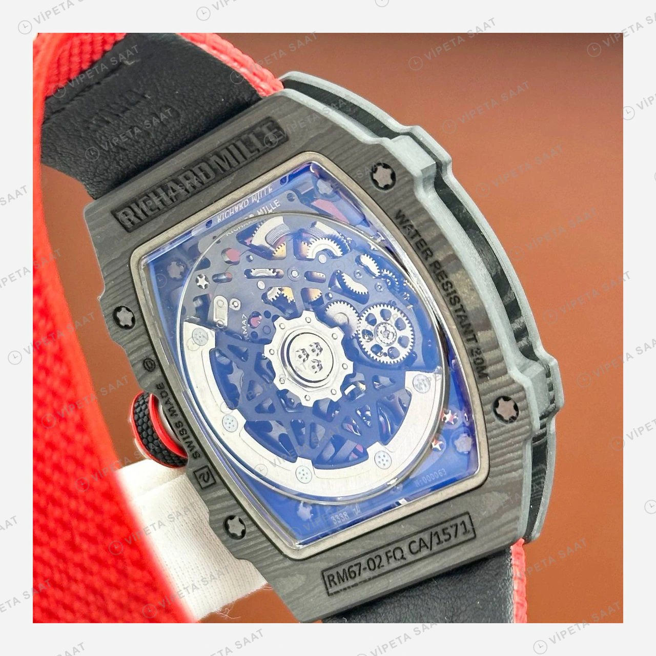 Richard Mille RM 67-02 Extra Flat Italy İtalya Siyah Karbon Yeşil Kırmızı Kumaş Kordon Super Clone ETA Eta Saat detay 5