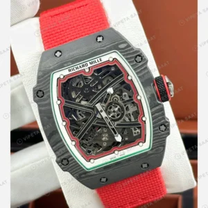Richard Mille RM 67-02 Extra Flat Italy İtalya Siyah Karbon Yeşil Kırmızı Kumaş Kordon Super Clone ETA Eta Saat detay 6