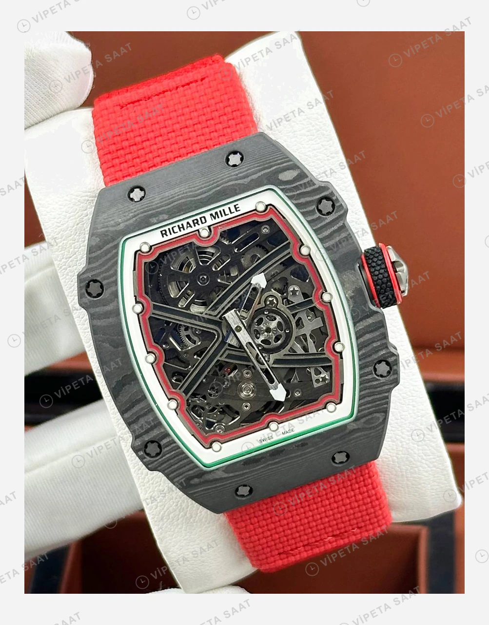 Richard Mille RM 67-02 Extra Flat Italy İtalya Siyah Karbon Yeşil Kırmızı Kumaş Kordon Super Clone ETA Eta Saat detay 6