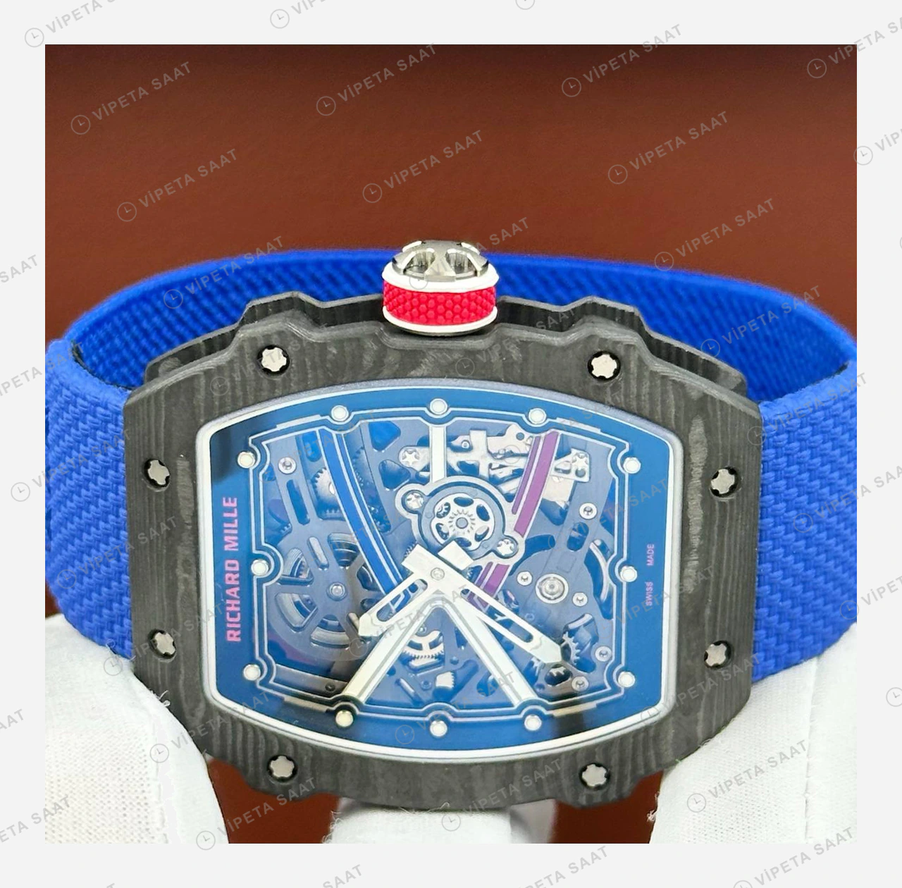 Richard Mille RM 67-02 Extra Flat Ogier Fransa Siyah Karbon Mavi Kumaş Kordon Super Clone ETA Eta Saat detay 3